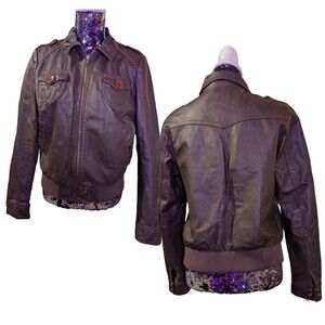 Divided Size 12 Genuine Leather Brown Moto Bomber Jacket Retro